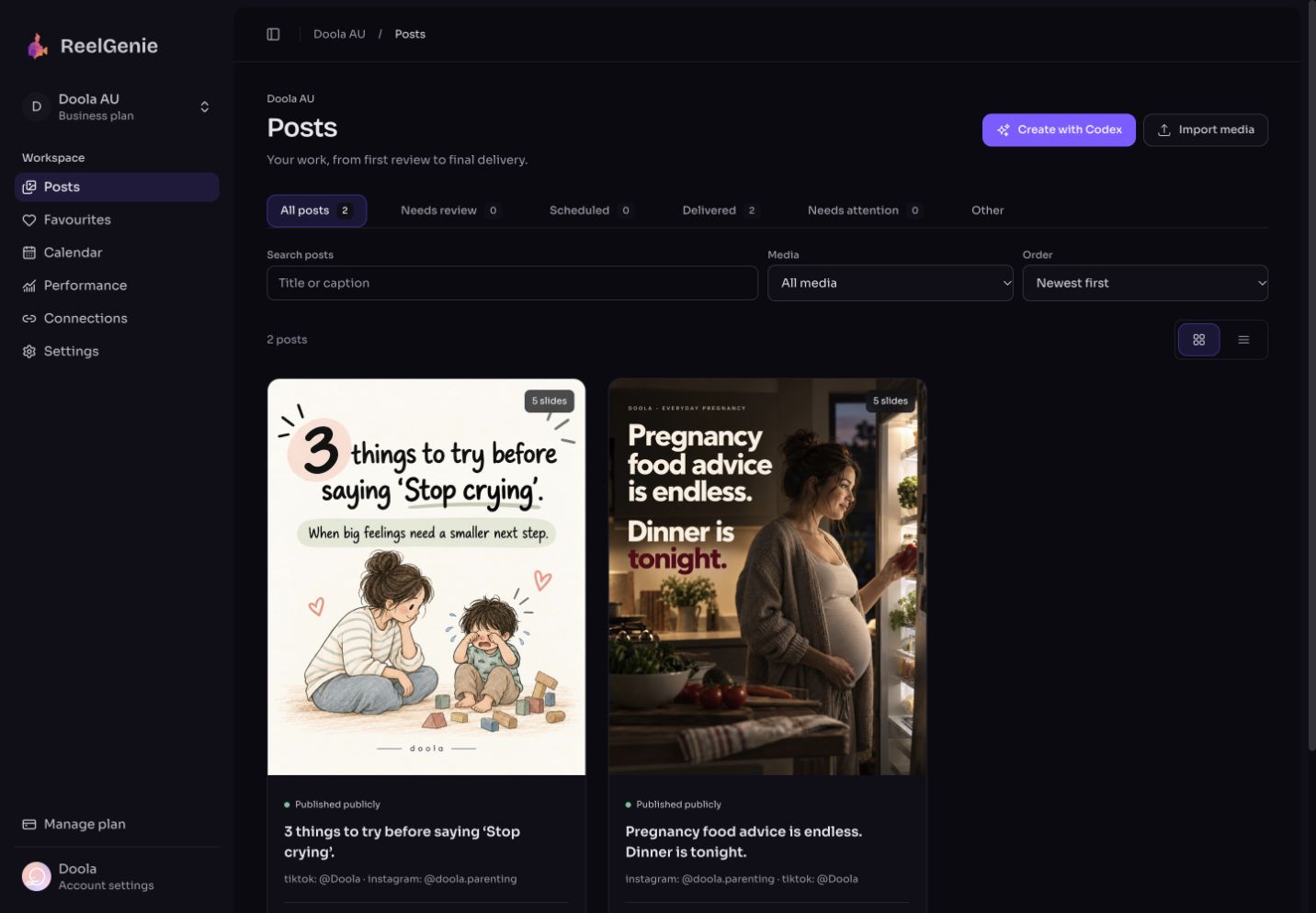 Actual ReelGenie workspace library. Your finished posts and their destinations stay together.